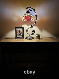 Tiffany Table Lamp Red Orange Blue Stained Glass Rose Flowers Iron Metal Leaves