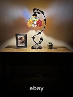 Tiffany Table Lamp Red Orange Blue Stained Glass Rose Flowers Iron Metal Leaves