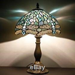 Tiffany Table Lamp Sea Blue Stained Glass Crystal Bead Dragonfly Style Desk Gift