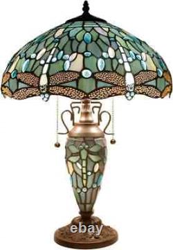 Tiffany Table Lamp Sea Blue Stained Glass Dragonfly Style 16X16X24 In Vase Desk