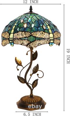 Tiffany Table Lamp, Stained Glass Desk Light, W12H19 Inch, Metal Leaf Base Drag