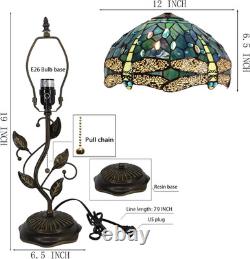 Tiffany Table Lamp, Stained Glass Desk Light, W12H19 Inch, Metal Leaf Base Drag