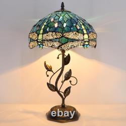 Tiffany Table Lamp, Stained Glass Desk Light, W12H19 Inch, Metal Leaf Base Drag