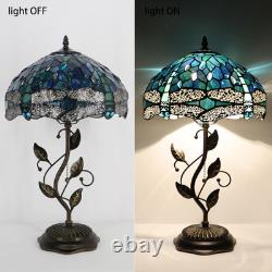 Tiffany Table Lamp, Stained Glass Desk Light, W12H19 Inch, Metal Leaf Base Drag