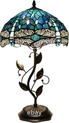 Tiffany Table Lamp, Stained Glass Desk Light, W12H19 Inch, Metal Leaf Base Drag
