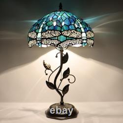 Tiffany Table Lamp, Stained Glass Desk Light, W12H19 Inch, Metal Leaf Base Drag