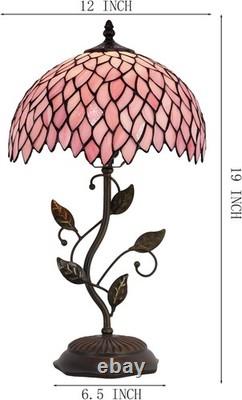 Tiffany Table Lamp, Stained Glass Desk Light, W12H19 Inch, Metal Leaf Base Pink