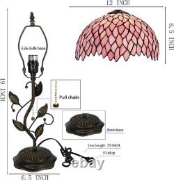 Tiffany Table Lamp, Stained Glass Desk Light, W12H19 Inch, Metal Leaf Base Pink