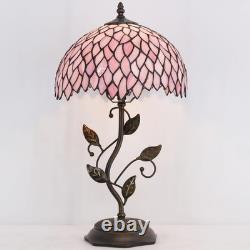 Tiffany Table Lamp, Stained Glass Desk Light, W12H19 Inch, Metal Leaf Base Pink