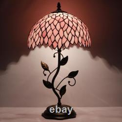 Tiffany Table Lamp, Stained Glass Desk Light, W12H19 Inch, Metal Leaf Base Pink