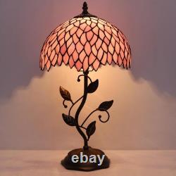 Tiffany Table Lamp, Stained Glass Desk Light, W12H19 Inch, Metal Leaf Base Pink