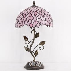 Tiffany Table Lamp, Stained Glass Desk Light, W12H19 Inch, Metal Leaf Base Pink
