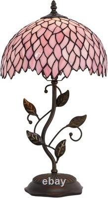 Tiffany Table Lamp, Stained Glass Desk Light, W12H19 Inch, Metal Leaf Base Pink