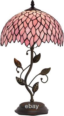 Tiffany Table Lamp, Stained Glass Desk Light, W12H19 Inch, Metal Leaf Base Pink