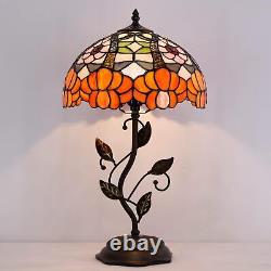 Tiffany Table Lamp Stained Glass Desk Light with Metal Leaf Base Orange Flower