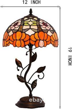 Tiffany Table Lamp Stained Glass Desk Light with Metal Leaf Base Orange Flower