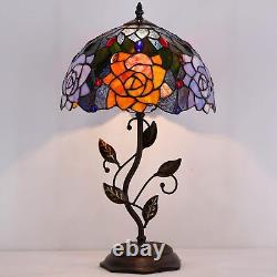 Tiffany Table Lamp Stained Glass Desk Light with Metal Leaf Base W12H19 Inch