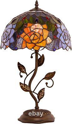 Tiffany Table Lamp Stained Glass Desk Light with Metal Leaf Base W12H19 Inch
