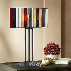Tiffany Table Lamp Striped Stained Glass Bronze Iron for Bedroom Living Room
