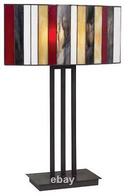 Tiffany Table Lamp Striped Stained Glass Bronze Iron for Bedroom Living Room