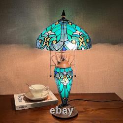 Tiffany Table Lamp with Nightlight Sea Green 3 Lights Stained Glass Desk Lamp