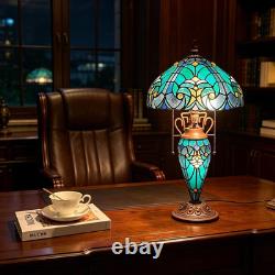 Tiffany Table Lamp with Nightlight Sea Green 3 Lights Stained Glass Desk Lamp