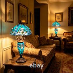 Tiffany Table Lamp with Nightlight Sea Green 3 Lights Stained Glass Desk Lamp