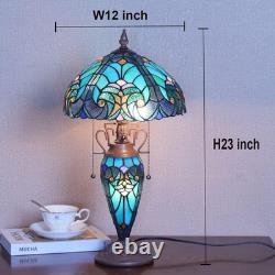 Tiffany Table Lamp with Nightlight Sea Green 3 Lights Stained Glass Desk Lamp