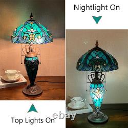 Tiffany Table Lamp with Nightlight Sea Green 3 Lights Stained Glass Desk Lamp