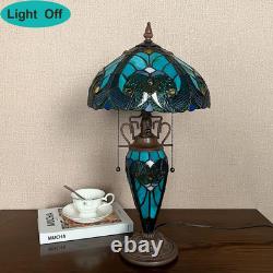 Tiffany Table Lamp with Nightlight Sea Green 3 Lights Stained Glass Desk Lamp
