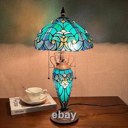 Tiffany Table Lamp with Nightlight Sea Green 3 Lights Stained Glass Desk Lamp