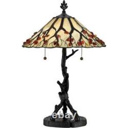 Tiffany Table Lamp with Tree Branch Base with Organic Stained Glass Shade with