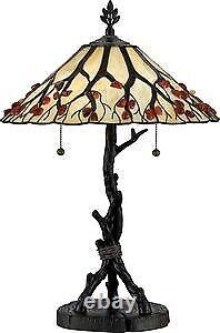 Tiffany Table Lamp with Tree Branch Base with Organic Stained Glass Shade with