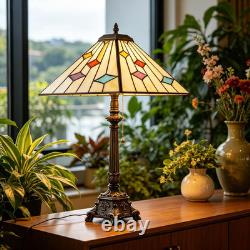 Tiffany Table Lamps White Stained Glass Stripes Checkered Style Mission Desk Lam