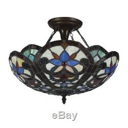 Tiffany Victorian 2-Light Semi Flush Ceiling Lamp Stained Glass Light Fixture UL
