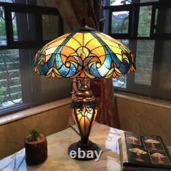 Tiffany Victorian Style 3 Light Table Lamp Stained Glass Vintage Shade Lit Base