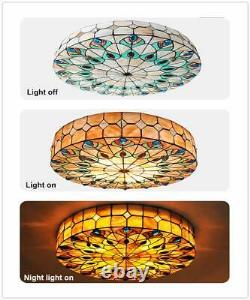Tiffany Vintage Stained Glass Chandelier Peacock Flush Mount Round Ceiling Light