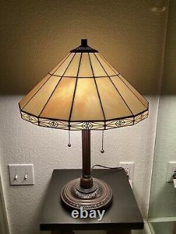 Tiffany Vintage Style 23 Mission 2 Light Table Lamp Cream Beige Stained Glass