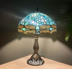 Tiffany Vintage Style Dragonfly Table Lamp Aqua Blue Stained Glass Desk Light