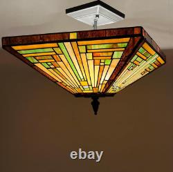 Tiffany Vintage Style Fixture Lamp Brown Stained Glass Semi Flush Mount Light