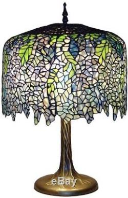 Tiffany Wisteria Table Lamp 27 in. Bronze Tree Trunk Base Handcrafted Hand Cut