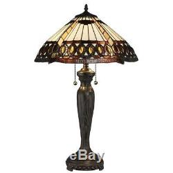 Tiffany amberjack 26 in. Bronze table lamp stained glass shade light pull base