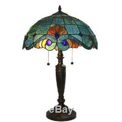 Tiffany style 25 in. Blue vintage table lamp glass shade stained light bell