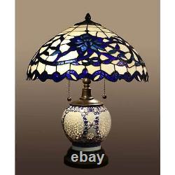 Tiffany-style 3 Light Table Lamp Blue White Flowers Stained Glass Lit Base