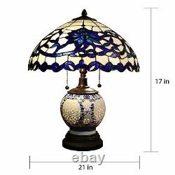Tiffany-style 3 Light Table Lamp Blue White Flowers Stained Glass Lit Base