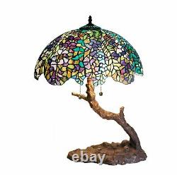 Tiffany-style Green Purple Stained Glass Shade Branch Shape Stem & Base 25 High