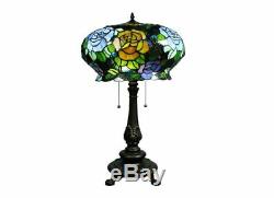 Tiffany style Maxenne Roses Table Lamp vintage antique 2 light stain glass Blue