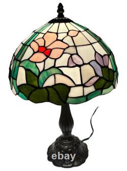 Tiffany style Vintage Stained Glass Table Lamp Pink Floral Desk Light 19 Tall