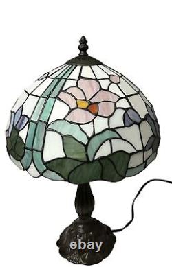 Tiffany style Vintage Stained Glass Table Lamp Pink Floral Desk Light 19 Tall