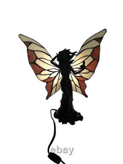 Tiffany style butterfly wings sculptured fairy holding a bird lamp